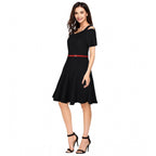 Generic Women's Polyester Solid V Neck Cap Sleeve Dress (Black)