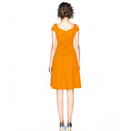 Generic Women's Polyester Solid V Neck Cap Sleeve off Shoulder Dress (Yellow)