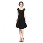 Generic Women's Polyester Solid V Neck Cap Sleeve off Shoulder Dress (Black)