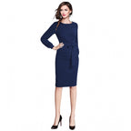 Generic Women's Knitting stretchable Solid Round Neck Full Sleeve Dress (Blue)
