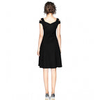 Generic Women's Polyester Solid V Neck Cap Sleeve off Shoulder Dress (Black)