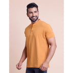 जेनरिक मेन्स कैजुअल कॉटन सॉलिड हाफ स्लीव मैंडरिन कॉलर टी-शर्ट (ब्राउन)
