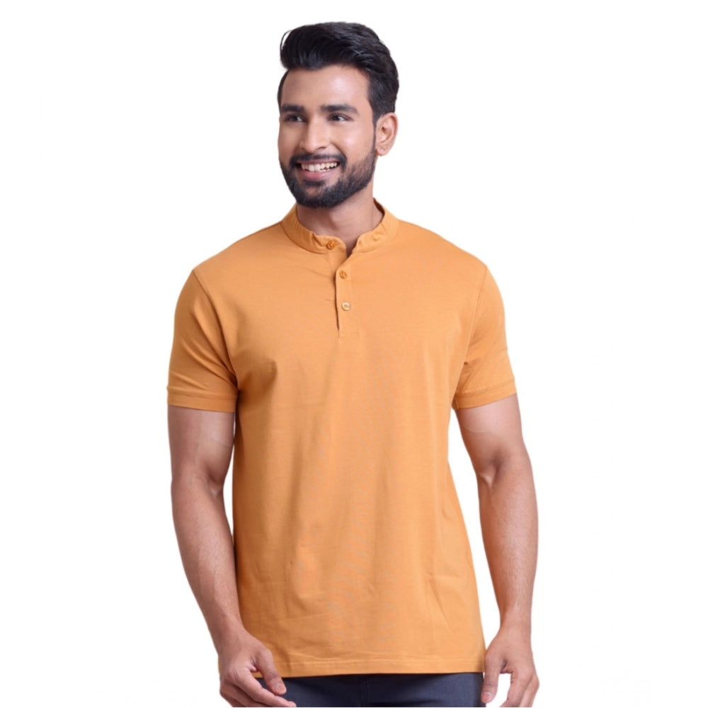 जेनरिक मेन्स कैजुअल कॉटन सॉलिड हाफ स्लीव मैंडरिन कॉलर टी-शर्ट (ब्राउन)