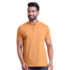 जेनरिक मेन्स कैजुअल कॉटन सॉलिड हाफ स्लीव मैंडरिन कॉलर टी-शर्ट (ब्राउन)