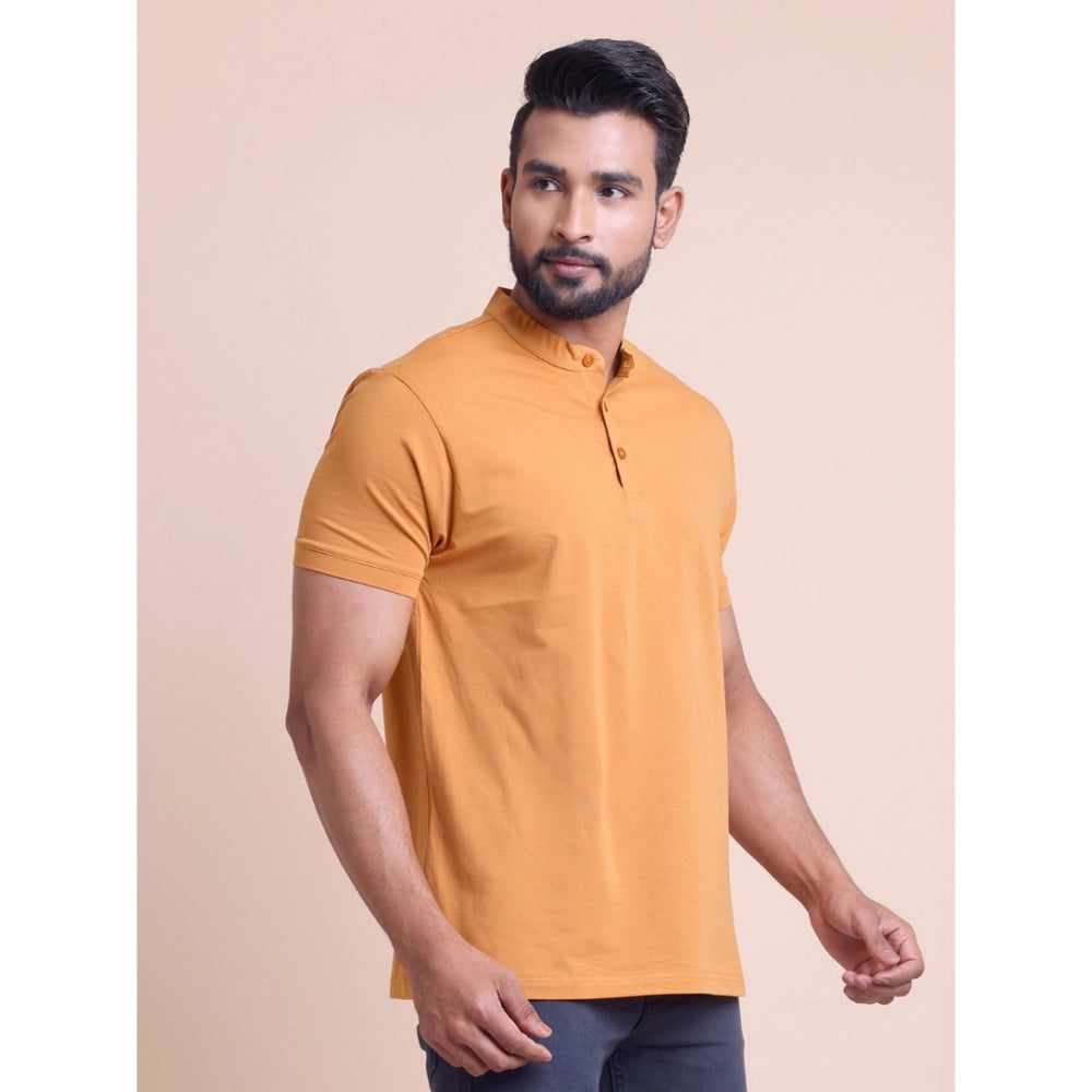 जेनरिक मेन्स कैजुअल कॉटन सॉलिड हाफ स्लीव मैंडरिन कॉलर टी-शर्ट (ब्राउन)
