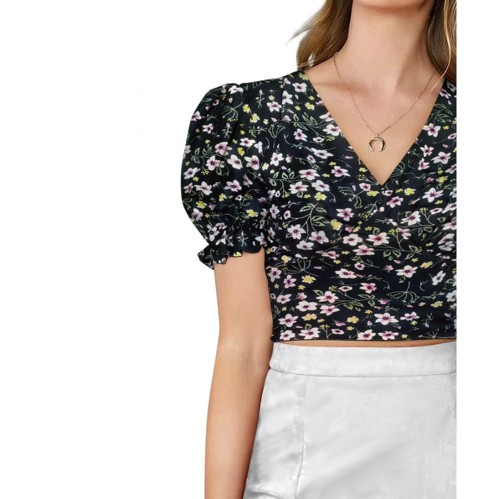 जेनरिक महिलाओं के लिए बुना हुआ प्रिंटेड वी-नेक पफ स्लीव टॉप (काला)