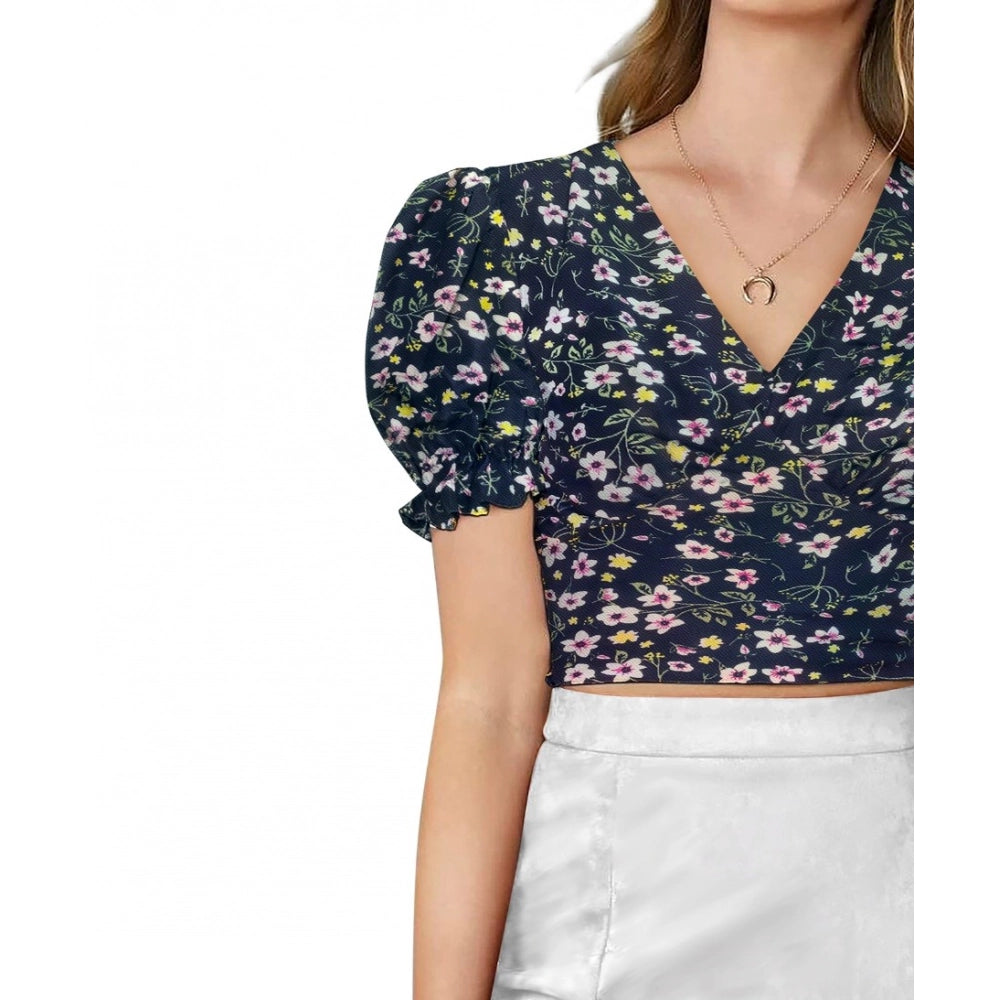 जेनरिक महिलाओं के लिए प्रिंटेड वी-नेक पफ स्लीव टॉप (नेवी ब्लू)