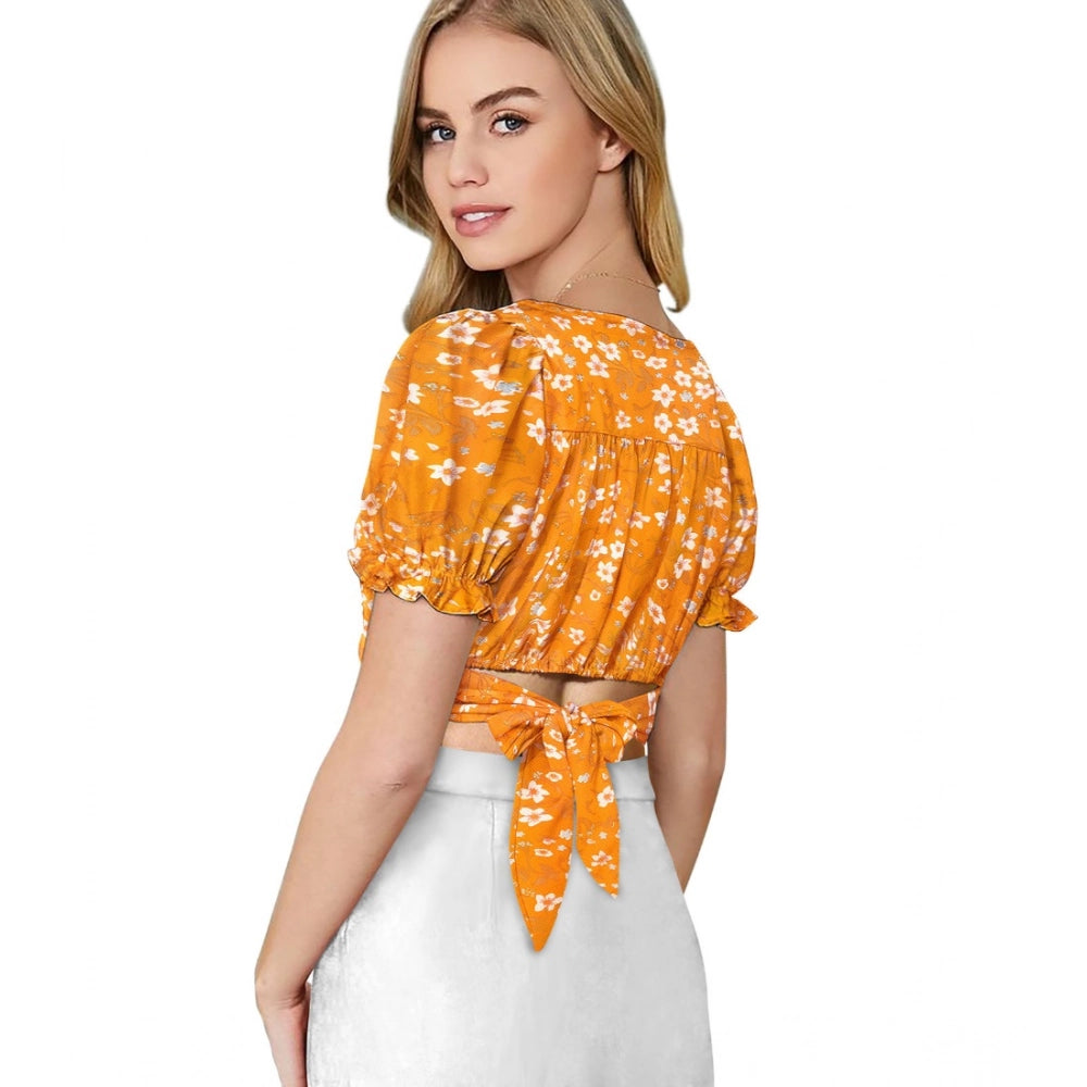 महिलाओं के लिए जेनेरिक बुनाई वाली प्रिंटेड वी-नेक पफ स्लीव टॉप (पीला)