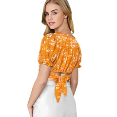 महिलाओं के लिए जेनेरिक बुनाई वाली प्रिंटेड वी-नेक पफ स्लीव टॉप (पीला)