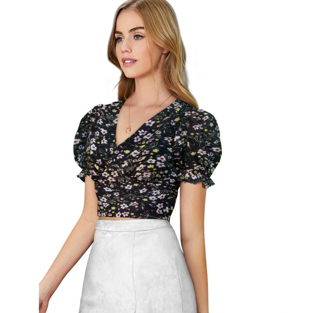 जेनरिक महिलाओं के लिए बुना हुआ प्रिंटेड वी-नेक पफ स्लीव टॉप (काला)