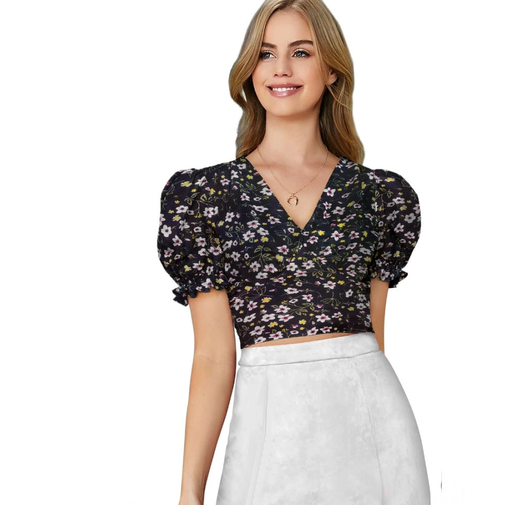 जेनरिक महिलाओं के लिए बुना हुआ प्रिंटेड वी-नेक पफ स्लीव टॉप (काला)