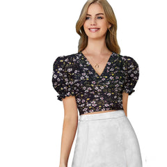 जेनरिक महिलाओं के लिए बुना हुआ प्रिंटेड वी-नेक पफ स्लीव टॉप (काला)