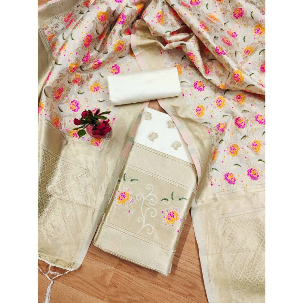 महिलाओं के लिए बनारसी सिल्क प्रिंटेड अनस्टिच्ड सलवार सूट मटेरियल दुपट्टे सहित (सफेद, 3 मीटर)