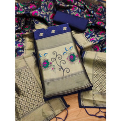 महिलाओं के लिए बनारसी सिल्क प्रिंटेड अनस्टिच्ड सलवार सूट मटेरियल दुपट्टे सहित (नेवी ब्लू, 3 मीटर)