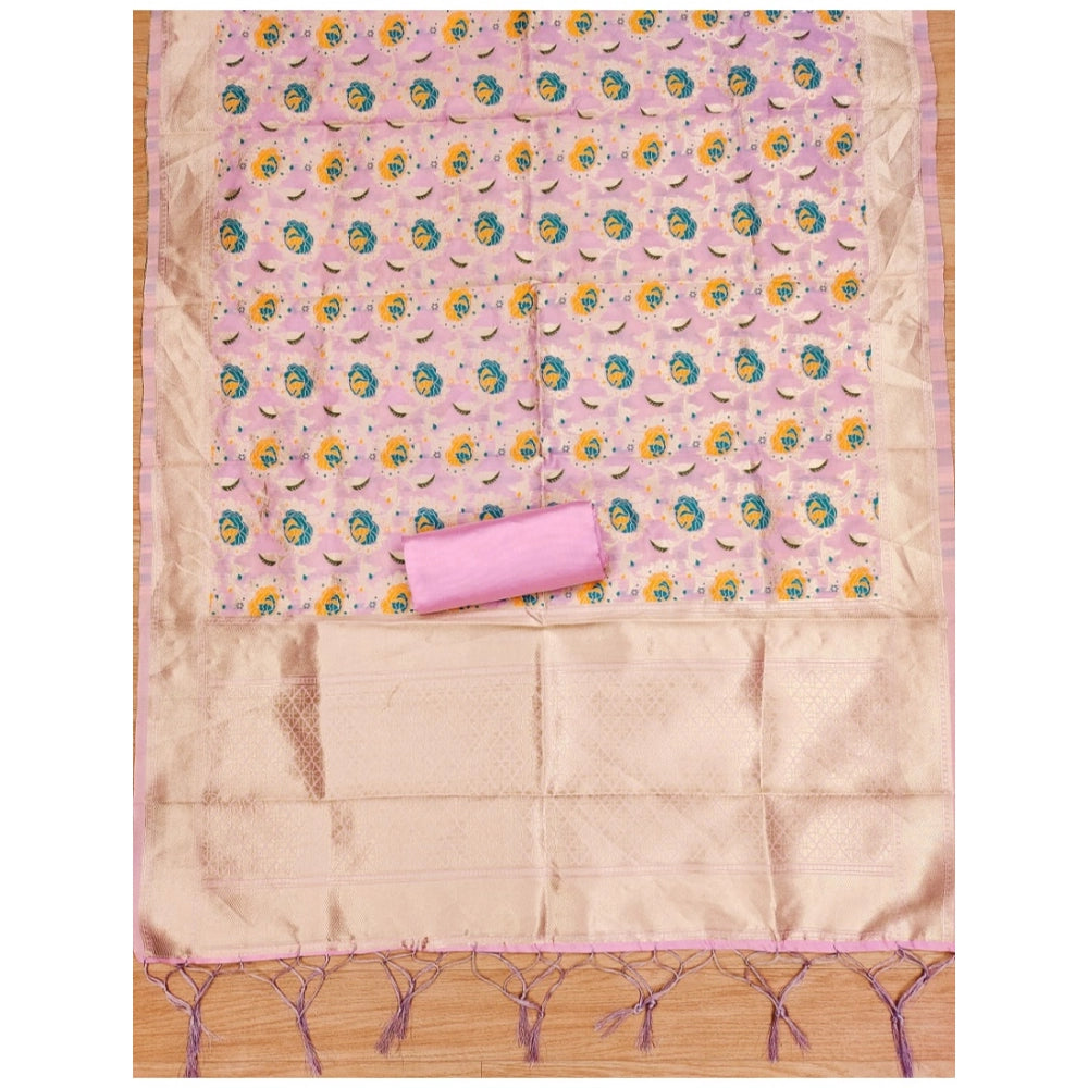 महिलाओं के लिए बनारसी सिल्क प्रिंटेड अनस्टिच्ड सलवार सूट मटेरियल दुपट्टे सहित (गुलाबी, 3 मीटर)