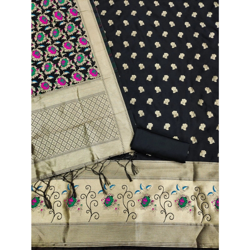 महिलाओं के लिए बनारसी सिल्क प्रिंटेड अनस्टिच्ड सलवार सूट मटेरियल दुपट्टे सहित (काला, 3 मीटर)