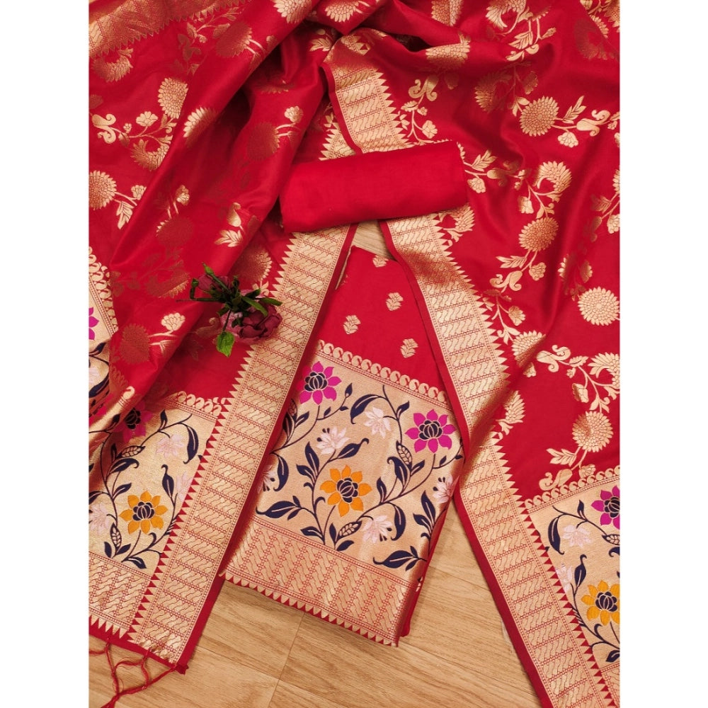 Generic Women's Banarasi Silk Printed Unstitched Salwar Suit Material With Dupatta (Red, 3Mtrs)