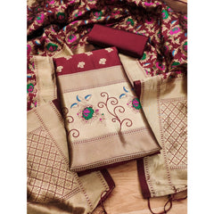 Generic Women's Banarasi Silk Printed Unstitched Salwar Suit Material With Dupatta (Maroon, 3Mtrs)