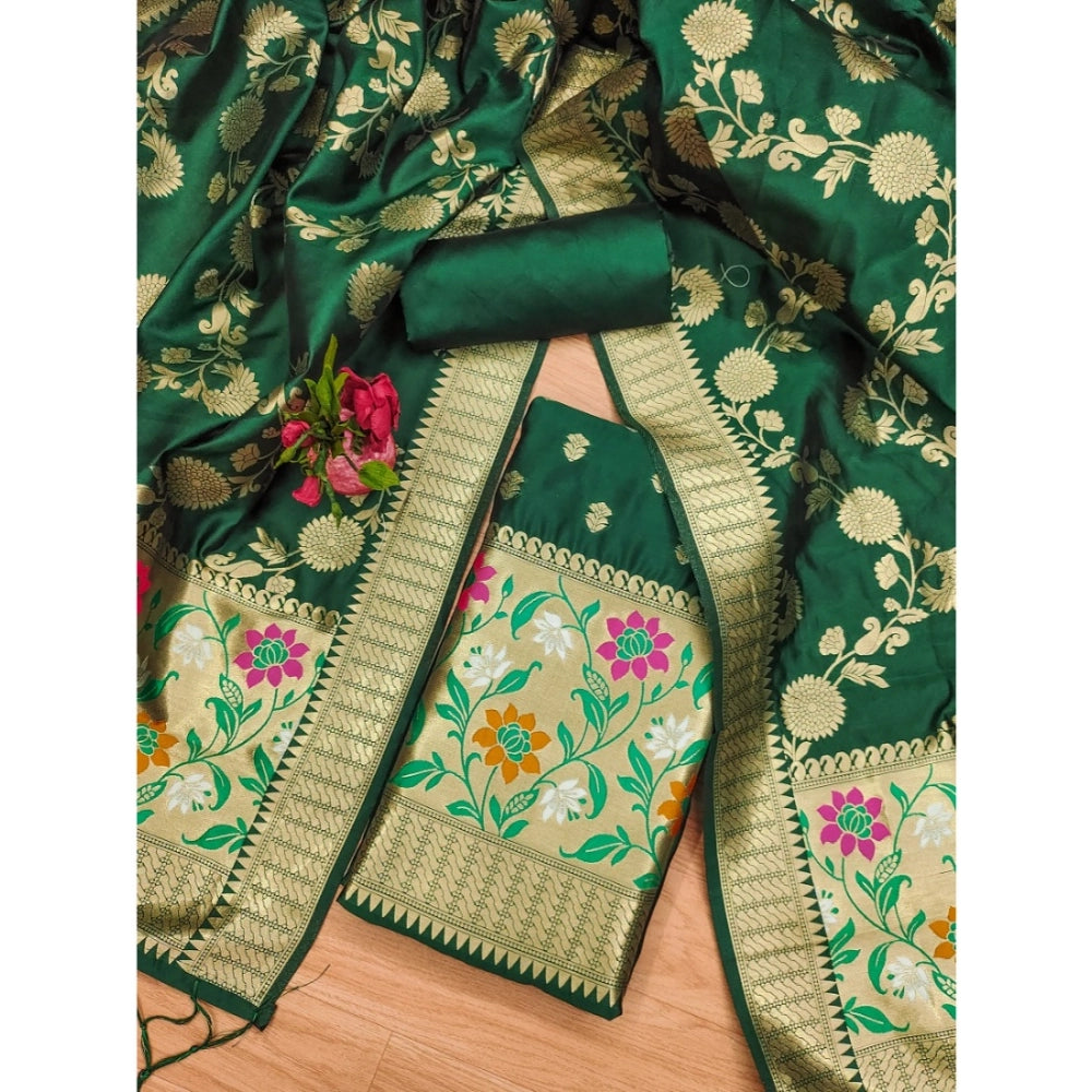 महिलाओं के लिए बनारसी सिल्क प्रिंटेड अनस्टिच्ड सलवार सूट मटेरियल दुपट्टे सहित (हरा, 3 मीटर)