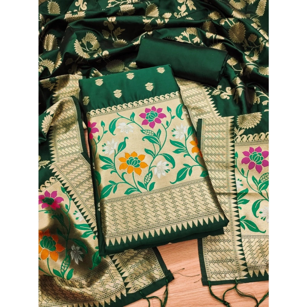 महिलाओं के लिए बनारसी सिल्क प्रिंटेड अनस्टिच्ड सलवार सूट मटेरियल दुपट्टे सहित (हरा, 3 मीटर)