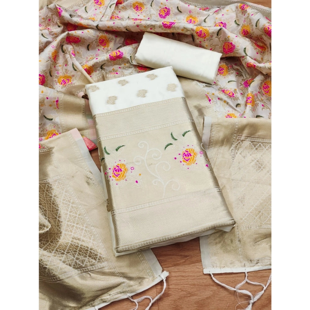 महिलाओं के लिए बनारसी सिल्क प्रिंटेड अनस्टिच्ड सलवार सूट मटेरियल दुपट्टे सहित (सफेद, 3 मीटर)