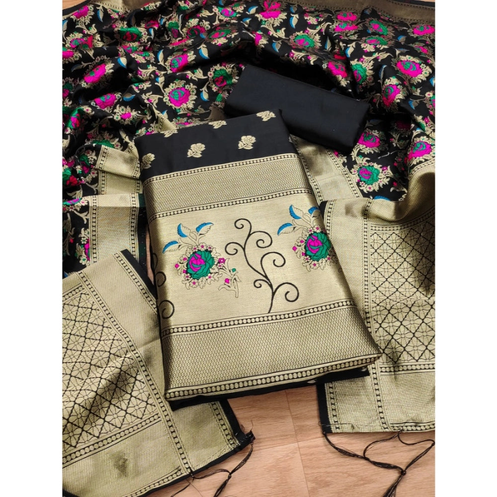 महिलाओं के लिए बनारसी सिल्क प्रिंटेड अनस्टिच्ड सलवार सूट मटेरियल दुपट्टे सहित (काला, 3 मीटर)