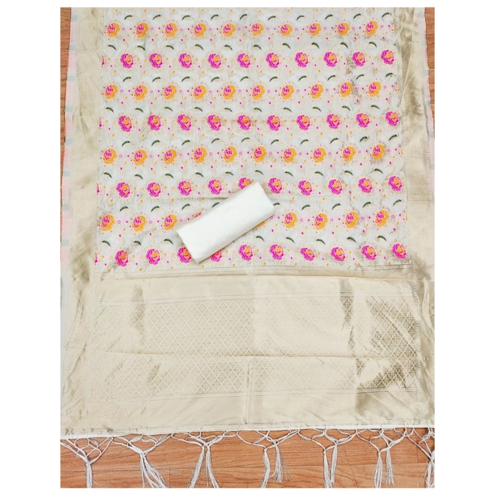 महिलाओं के लिए बनारसी सिल्क प्रिंटेड अनस्टिच्ड सलवार सूट मटेरियल दुपट्टे सहित (सफेद, 3 मीटर)