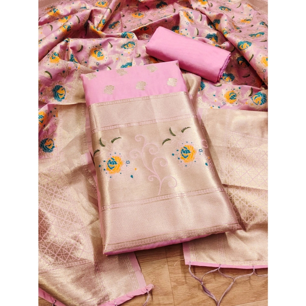 महिलाओं के लिए बनारसी सिल्क प्रिंटेड अनस्टिच्ड सलवार सूट मटेरियल दुपट्टे सहित (गुलाबी, 3 मीटर)