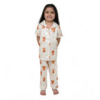 Generic Girl's Silk Bleand Printed Short Sleeve Night Suit Set (White)