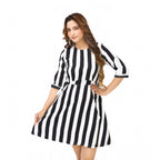 Generic Women's Crep Striped Short Sleeve Dress (Black-White )
