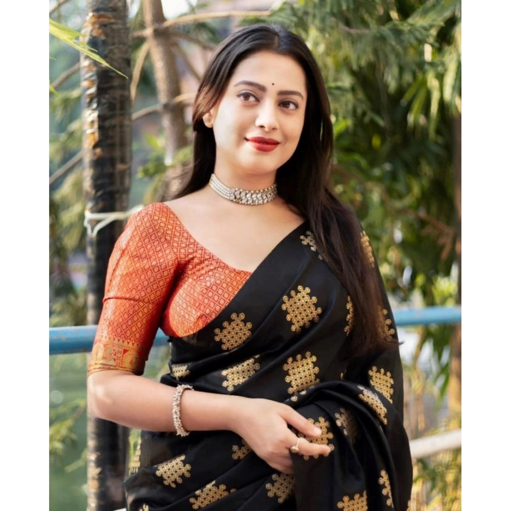 महिलाओं के लिए सामान्य सिल्क प्रिंटेड साड़ी, बिना सिला ब्लाउज के साथ, 5.5 मीटर (काला-नारंगी)