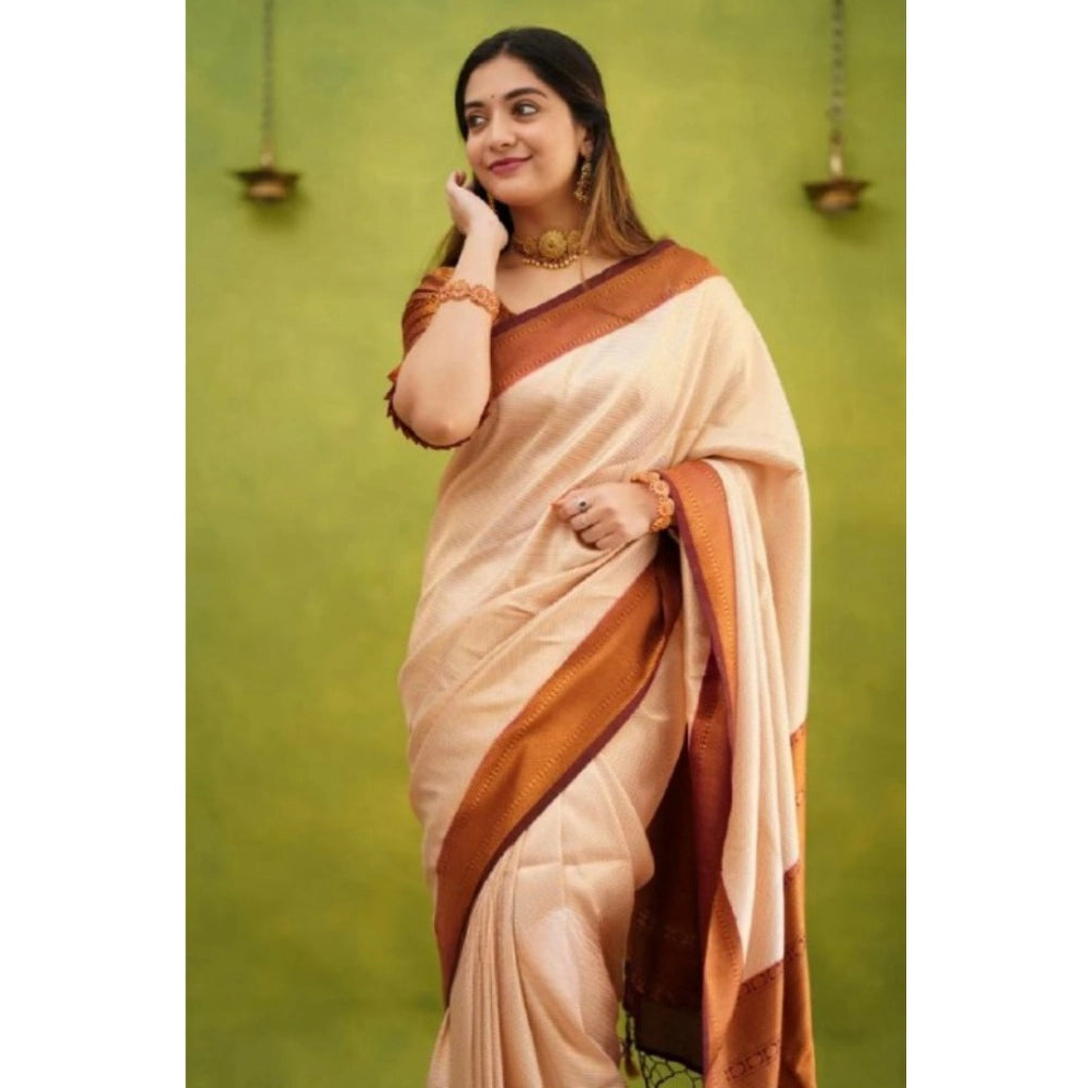 महिलाओं के लिए सामान्य सिल्क प्रिंटेड साड़ी, बिना सिला ब्लाउज के साथ, 5.5 मीटर (क्रीम रंग)