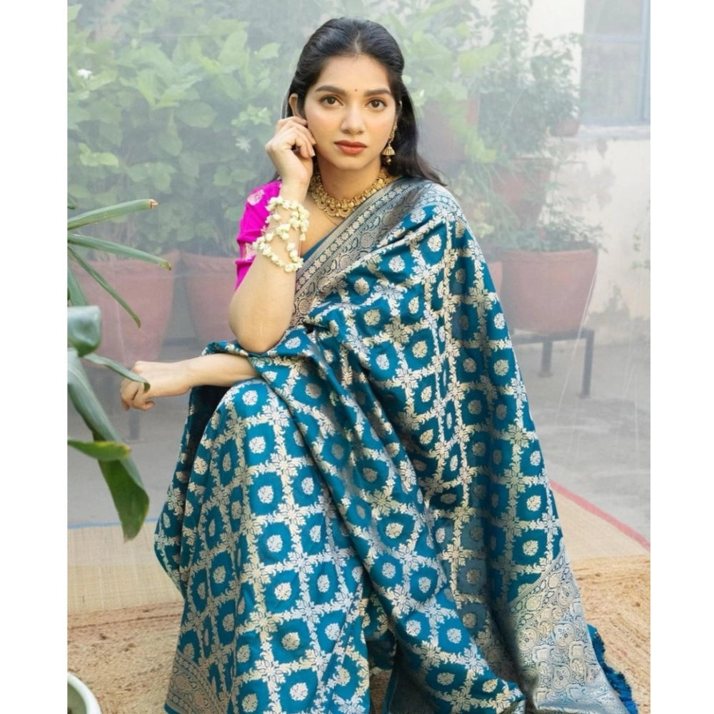 महिलाओं के लिए सामान्य सिल्क प्रिंटेड साड़ी, बिना सिला ब्लाउज के साथ, 5.5 मीटर (आसमानी नीला)