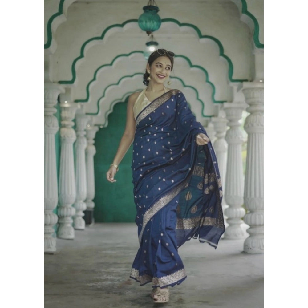 महिलाओं के लिए कॉटन प्रिंटेड साड़ी, बिना सिला ब्लाउज के साथ, 5.5 मीटर (नेवी ब्लू)