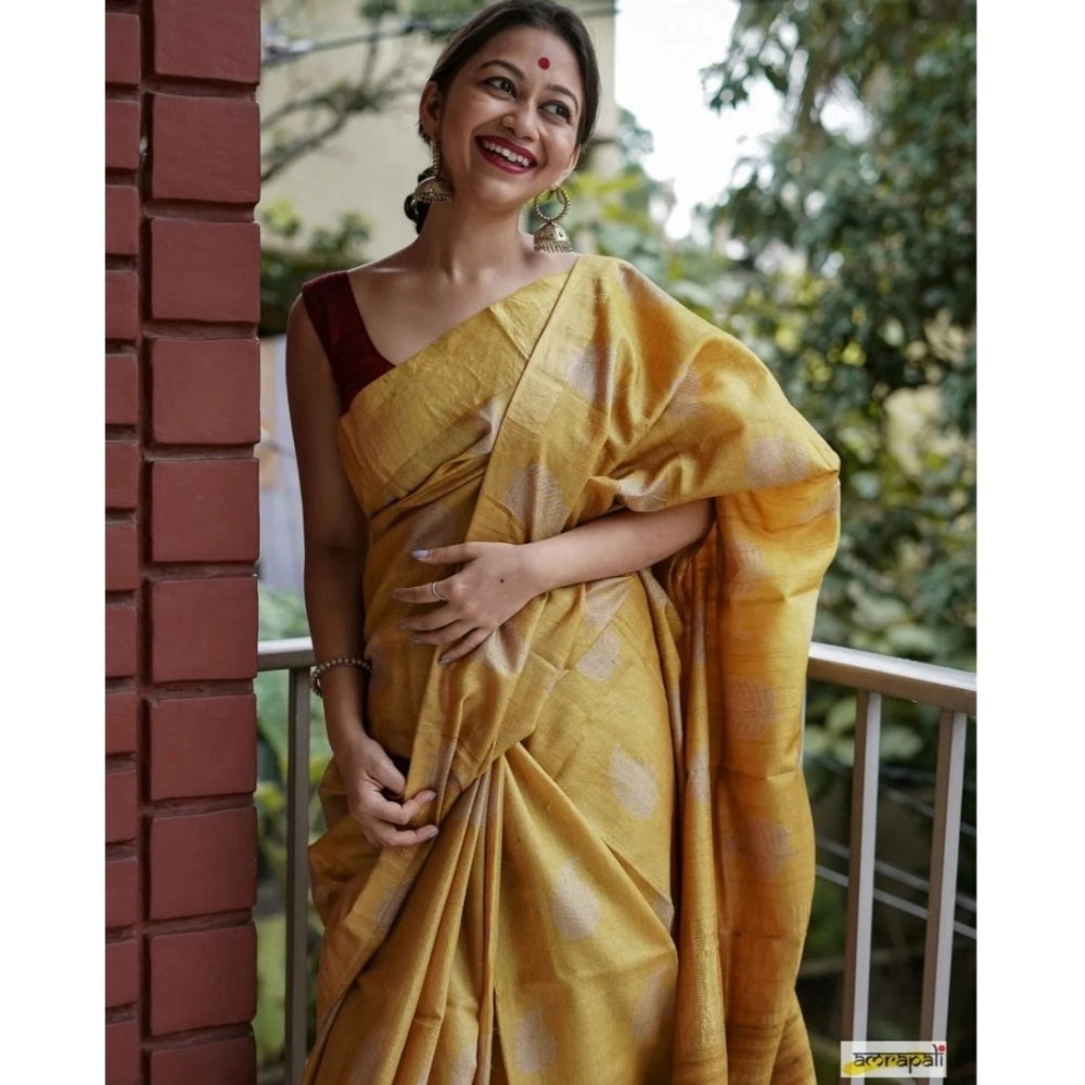 महिलाओं के लिए सामान्य सिल्क प्रिंटेड साड़ी, बिना सिला ब्लाउज के साथ, 5.5 मीटर (पीला)