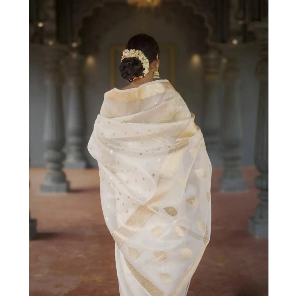 महिलाओं के लिए कॉटन प्रिंटेड साड़ी, बिना सिला ब्लाउज के साथ, 5.5 मीटर (सफेद)