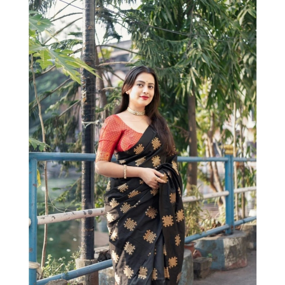 महिलाओं के लिए सामान्य सिल्क प्रिंटेड साड़ी, बिना सिला ब्लाउज के साथ, 5.5 मीटर (काला-नारंगी)