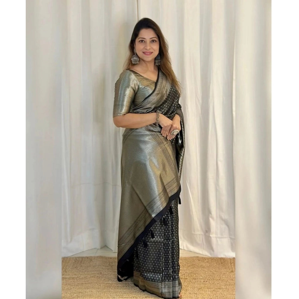 महिलाओं के लिए सामान्य सिल्क प्रिंटेड साड़ी, बिना सिला ब्लाउज के साथ, 5.5 मीटर (काला)