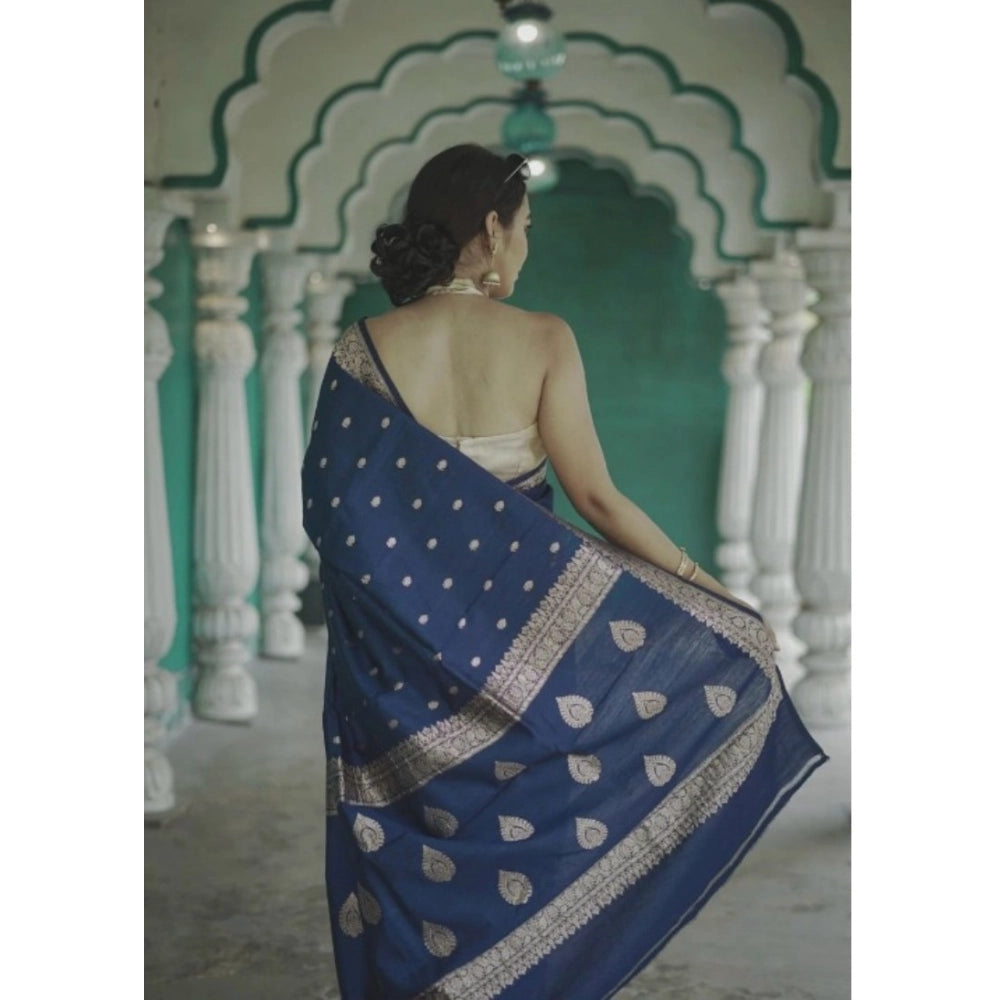 महिलाओं के लिए कॉटन प्रिंटेड साड़ी, बिना सिला ब्लाउज के साथ, 5.5 मीटर (नेवी ब्लू)