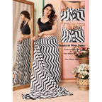 Generic Women's Small Lace Georgette Striped Ready-to-Wear Saree With Unstitched Blouse 5.5 Mtr (Black)