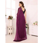 Generic Women's  Black Berry Striped Ready-to-Wear Saree With Unstitched Blouse 5.5 Mtr (Purple-Black)