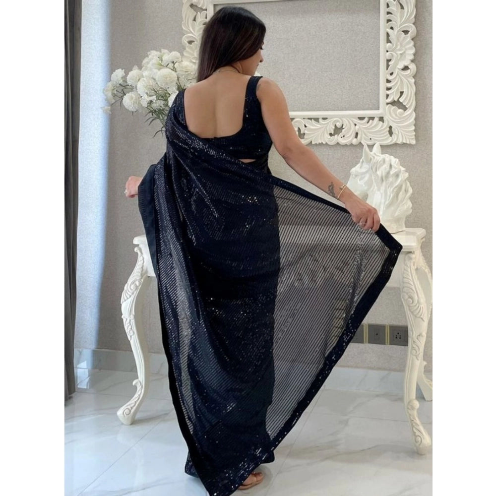 जेनरिक महिलाओं की जॉर्जेट एम्बेडेड सीक्वेंस वाली बॉलीवुड साड़ी, बिना सिले ब्लाउज के साथ, 5.5 मीटर (काला)