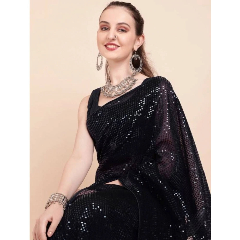 जेनरिक महिलाओं की जॉर्जेट एम्बेडेड सीक्वेंस बॉलीवुड साड़ी, बिना सिला ब्लाउज के साथ, 5.5 मीटर (काला)