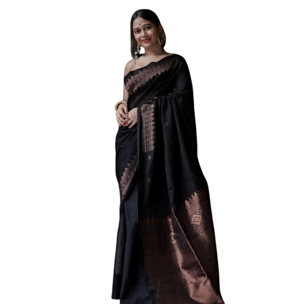 महिलाओं के लिए सामान्य सिल्क प्रिंटेड साड़ी, बिना सिला ब्लाउज के साथ, 5.5 मीटर (काला)