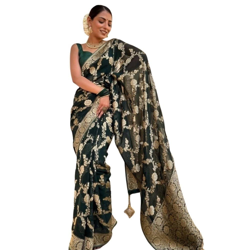 महिलाओं के लिए सामान्य सिल्क प्रिंटेड साड़ी, बिना सिला ब्लाउज के साथ, 5.5 मीटर (गहरा हरा)
