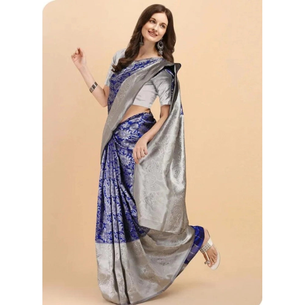 जेनेरिक महिलाओं की सॉफ्ट लीची सिल्क प्रिंटेड साड़ी, बिना सिले ब्लाउज के साथ, 5.5 मीटर (नीला)
