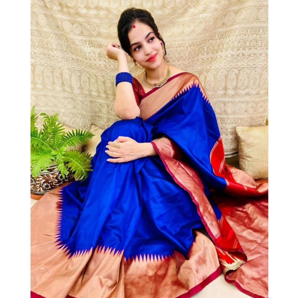 जेनेरिक महिलाओं की सॉफ्ट लीची सिल्क सॉलिड साड़ी, बिना सिले ब्लाउज के साथ, 5.5 मीटर (नीला)