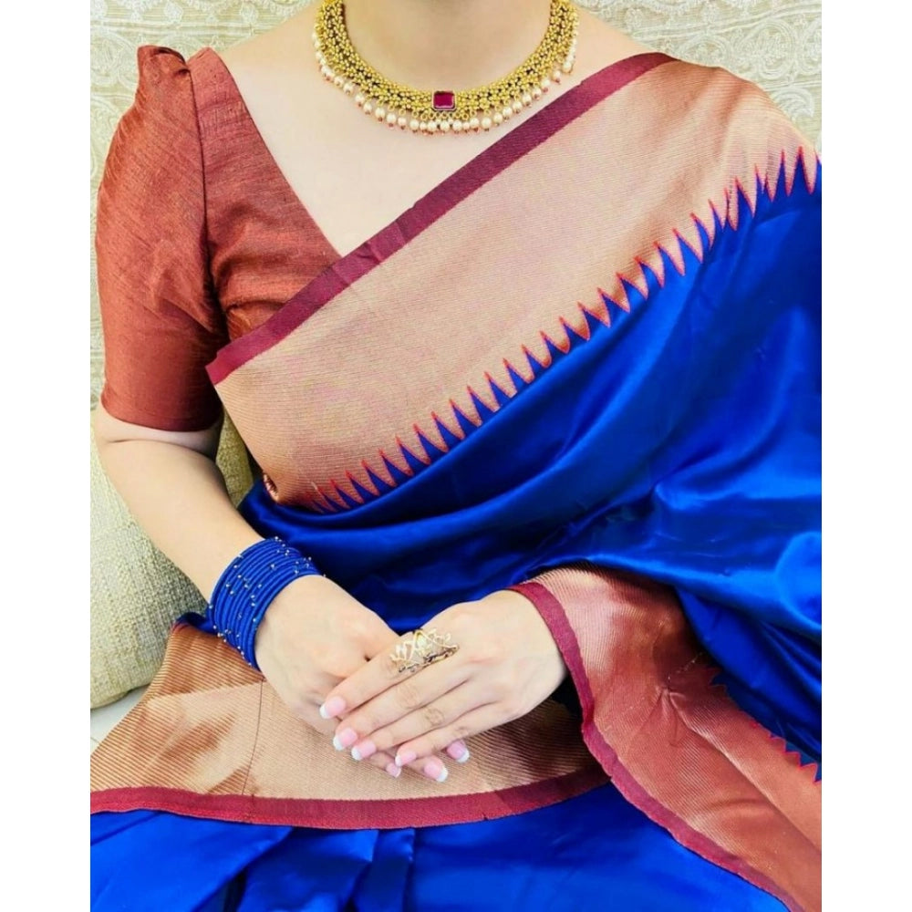 जेनेरिक महिलाओं की सॉफ्ट लीची सिल्क सॉलिड साड़ी, बिना सिले ब्लाउज के साथ, 5.5 मीटर (नीला)