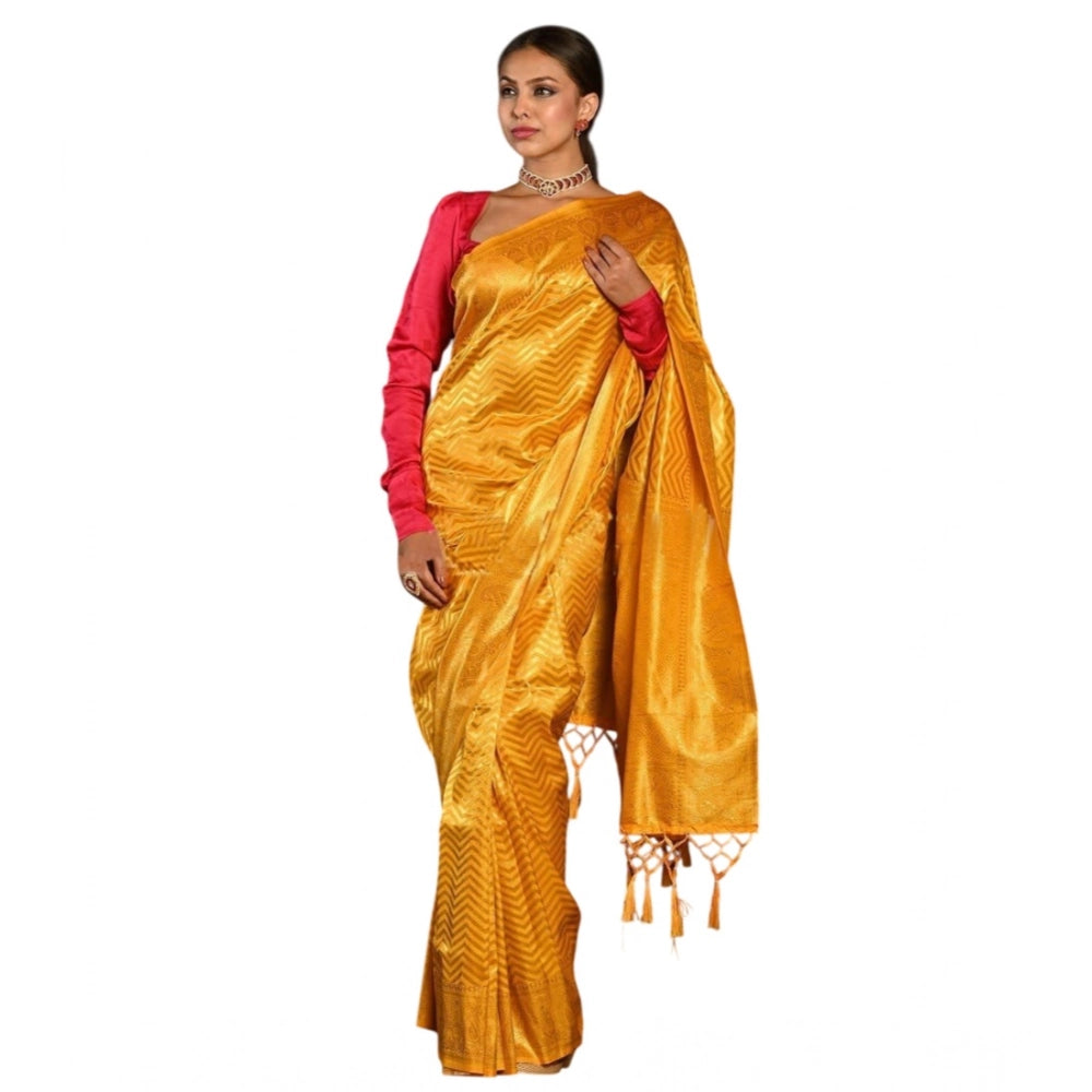 महिलाओं के लिए जेनेरिक सॉफ्ट लीची सिल्क बुनी हुई साड़ी, बिना सिला ब्लाउज के साथ, 5.5 मीटर (पीली)