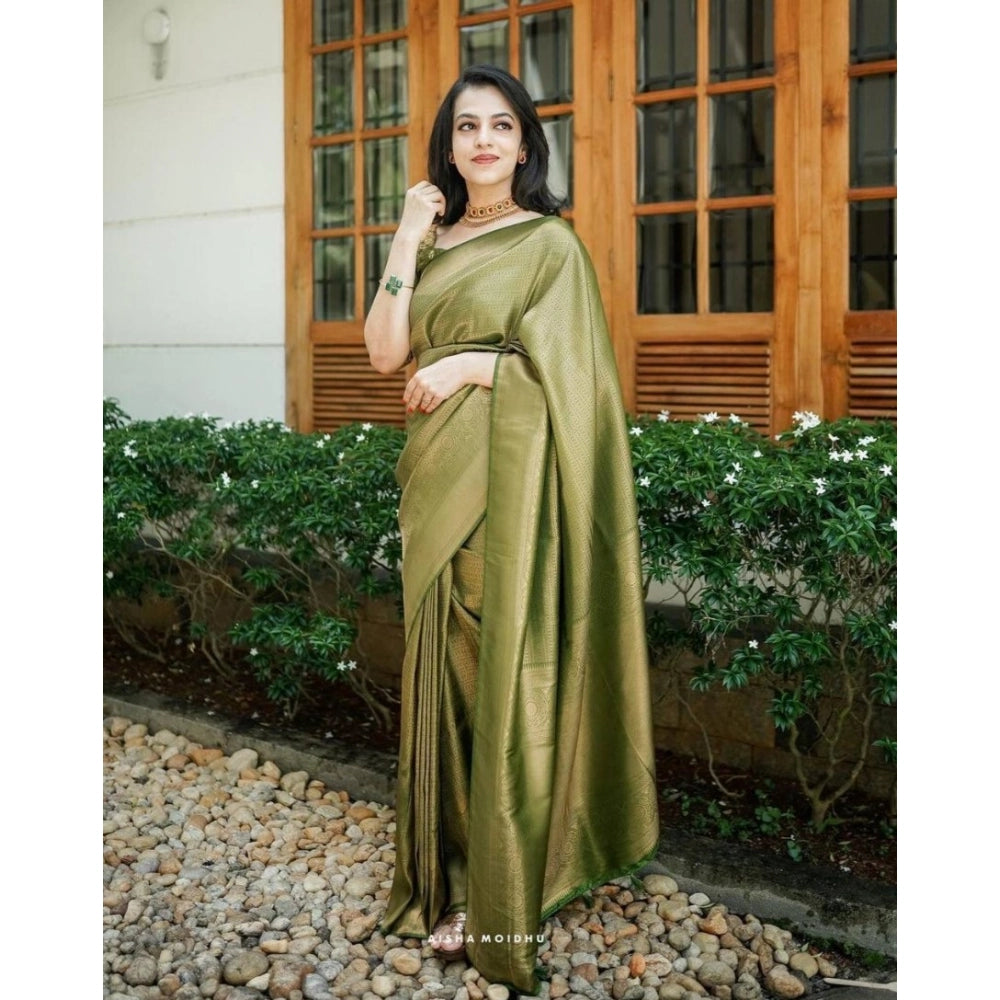 जेनेरिक महिलाओं की सॉफ्ट लीची सिल्क प्रिंटेड साड़ी, बिना सिले ब्लाउज के साथ, 5.5 मीटर (हरा)